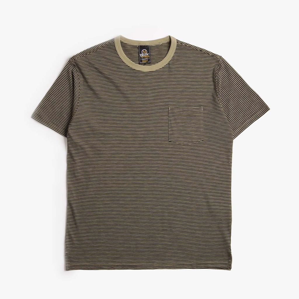 FrizmWORKS Thin Stripe Half T-Shirt, Olive, Detail Shot 1