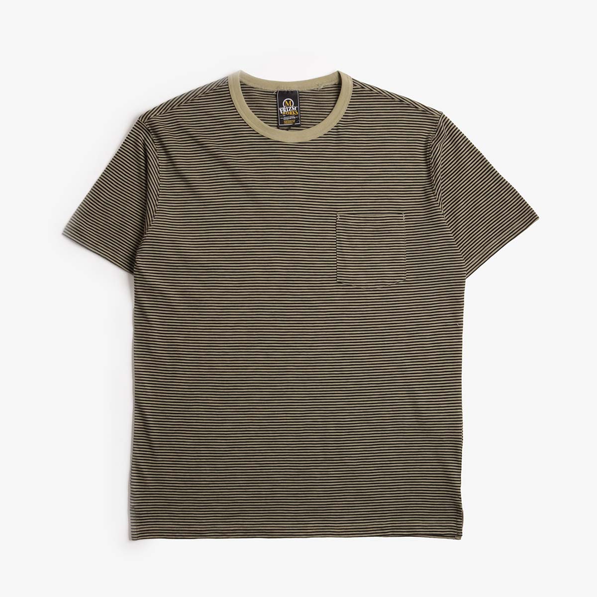 FrizmWORKS Thin Stripe Half T-Shirt, Olive, Detail Shot 1