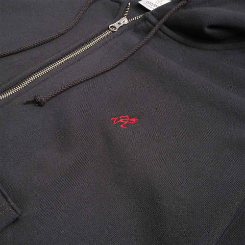 Red Gramicci script logo on vintage black zip hoodie chest