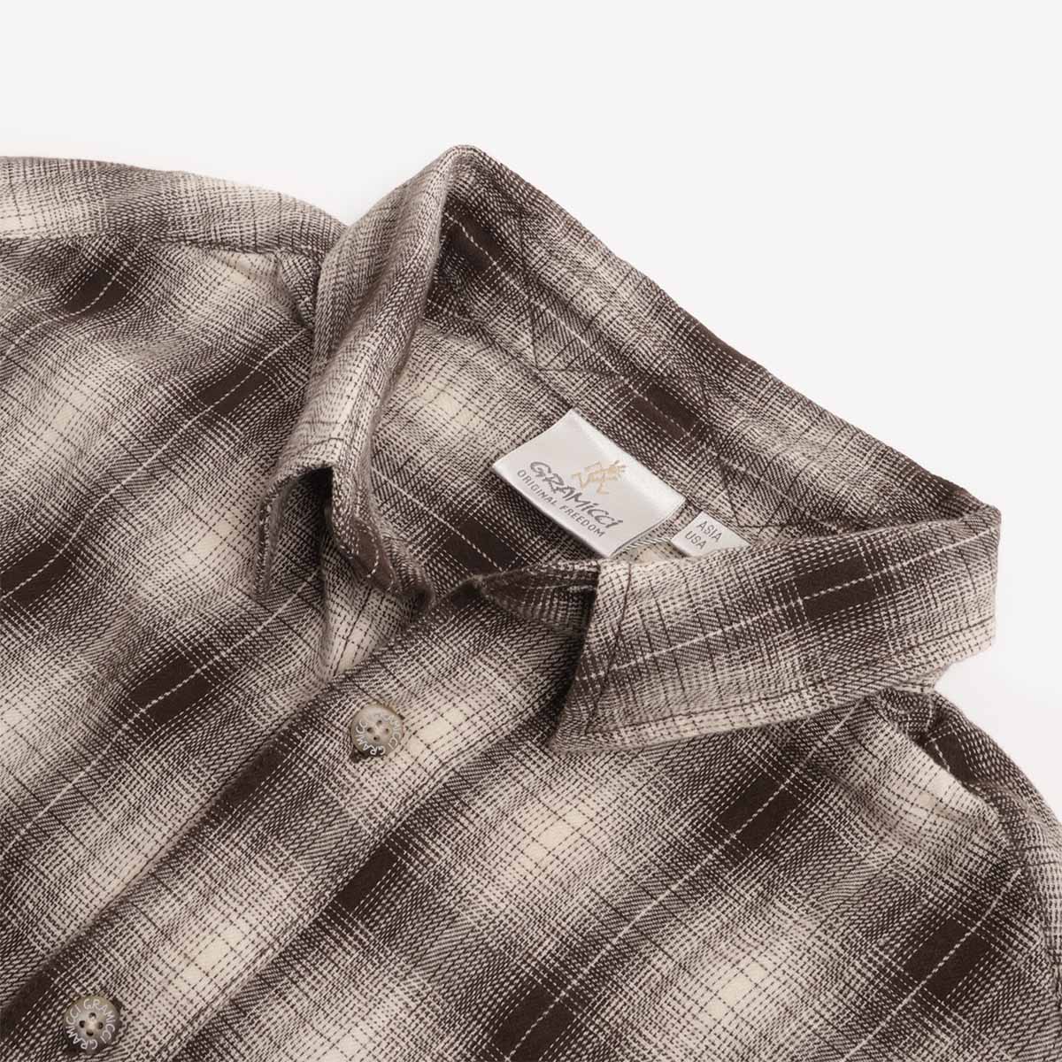 Collar and interior label detail, Gramicci Piled flannel shirt