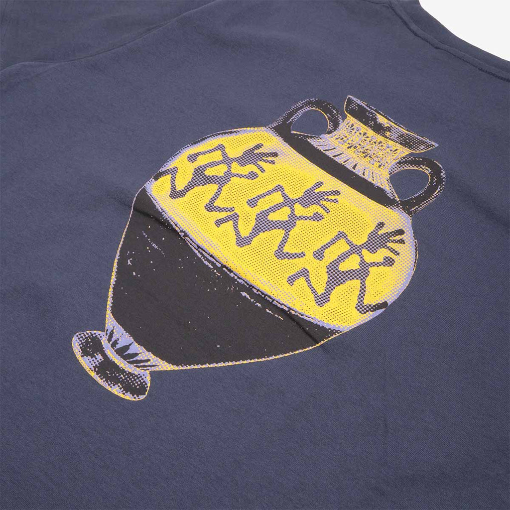 Greek vase back print detail on navy cotton, Gramicci tee