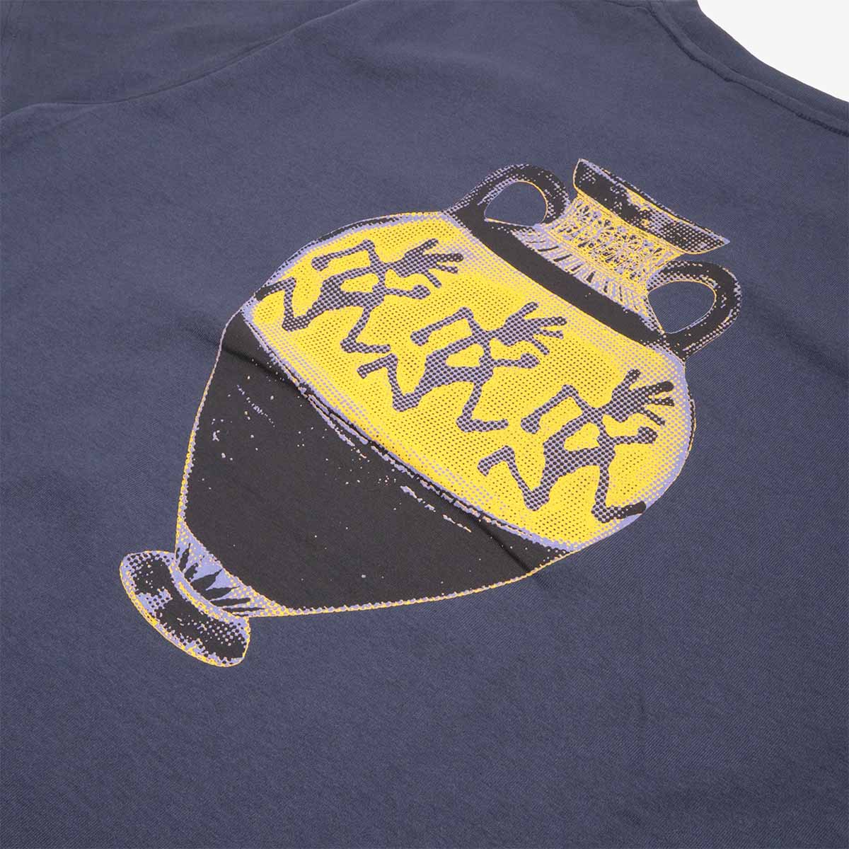 Greek vase back print detail on navy cotton, Gramicci tee