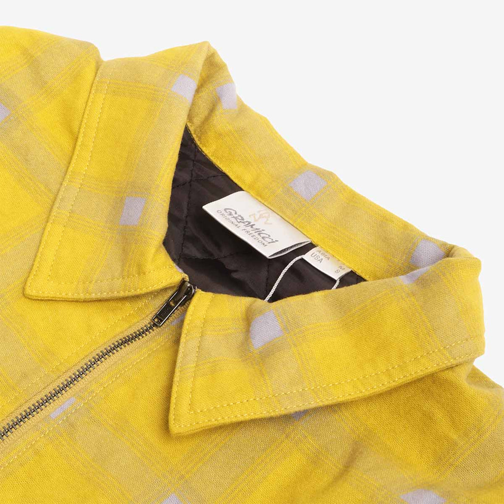 Collar, zip and interior label detail, Gramicci insulated flannel shirt