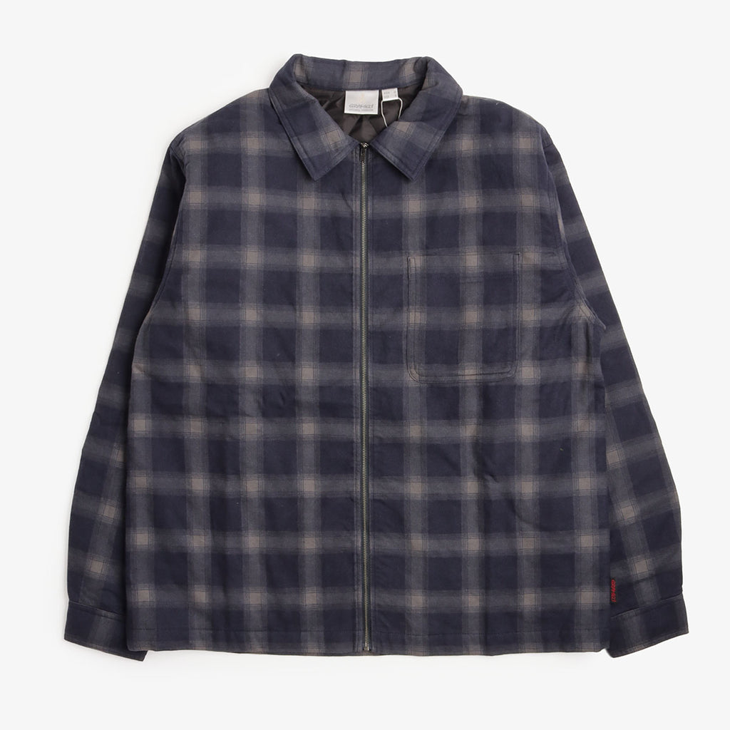 Gramicci Zip-Up Insulated Flannel Shirt in Navy Shadow Plaid, front view