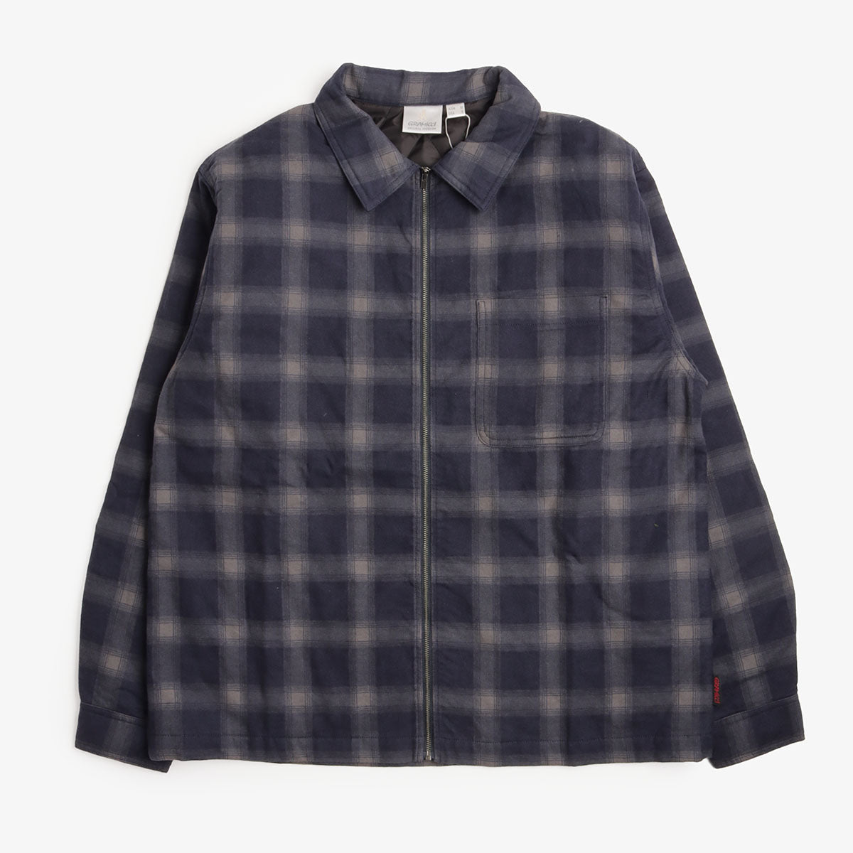 Gramicci Zip-Up Insulated Flannel Shirt in Navy Shadow Plaid, front view