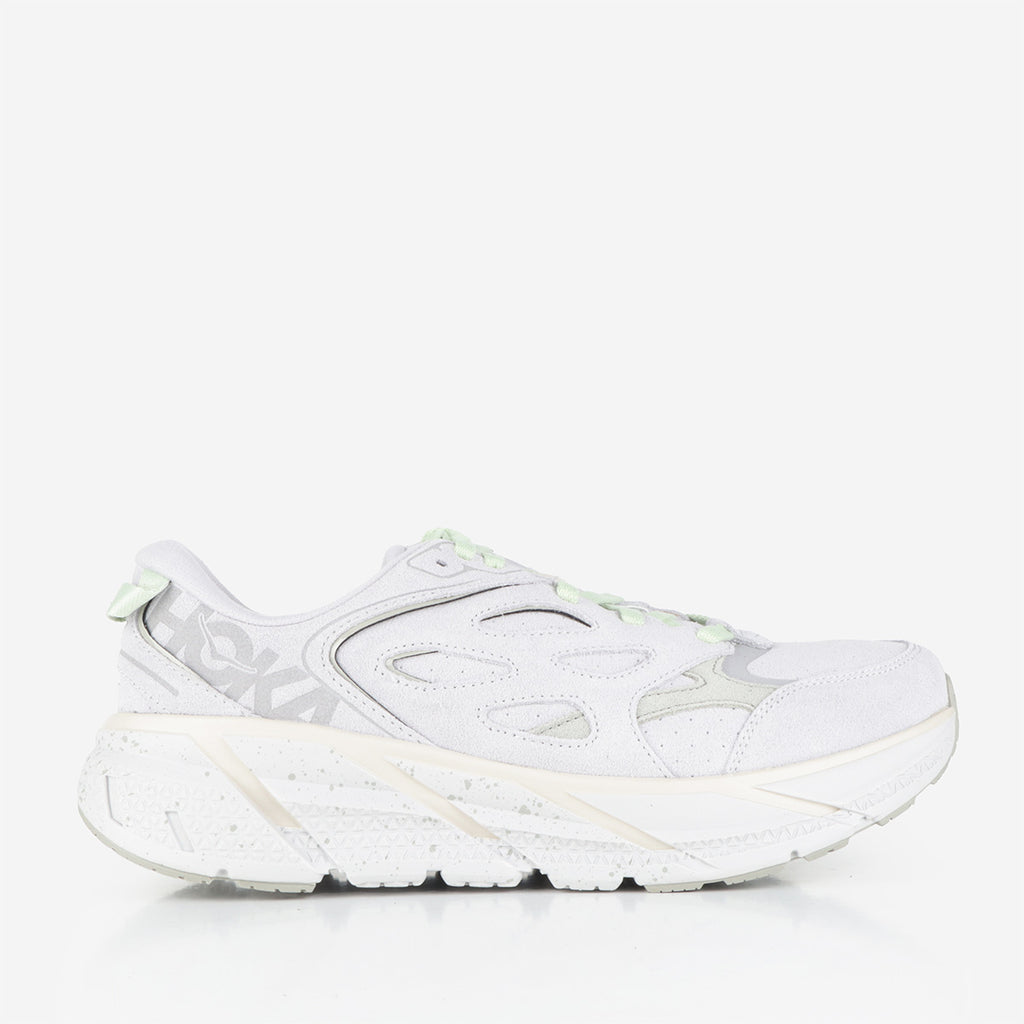 HOKA Clifton L Suede Shoes, Vaporous Barley, Detail Shot 1