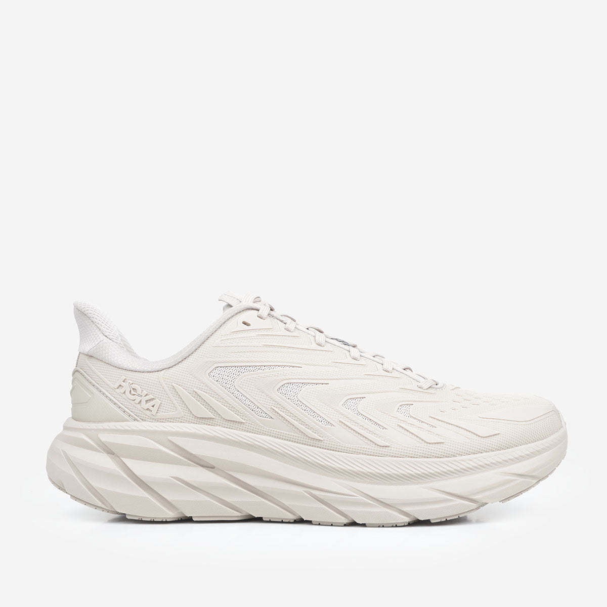 HOKA Clifton Utility Shoes in Archival Taupe, side view