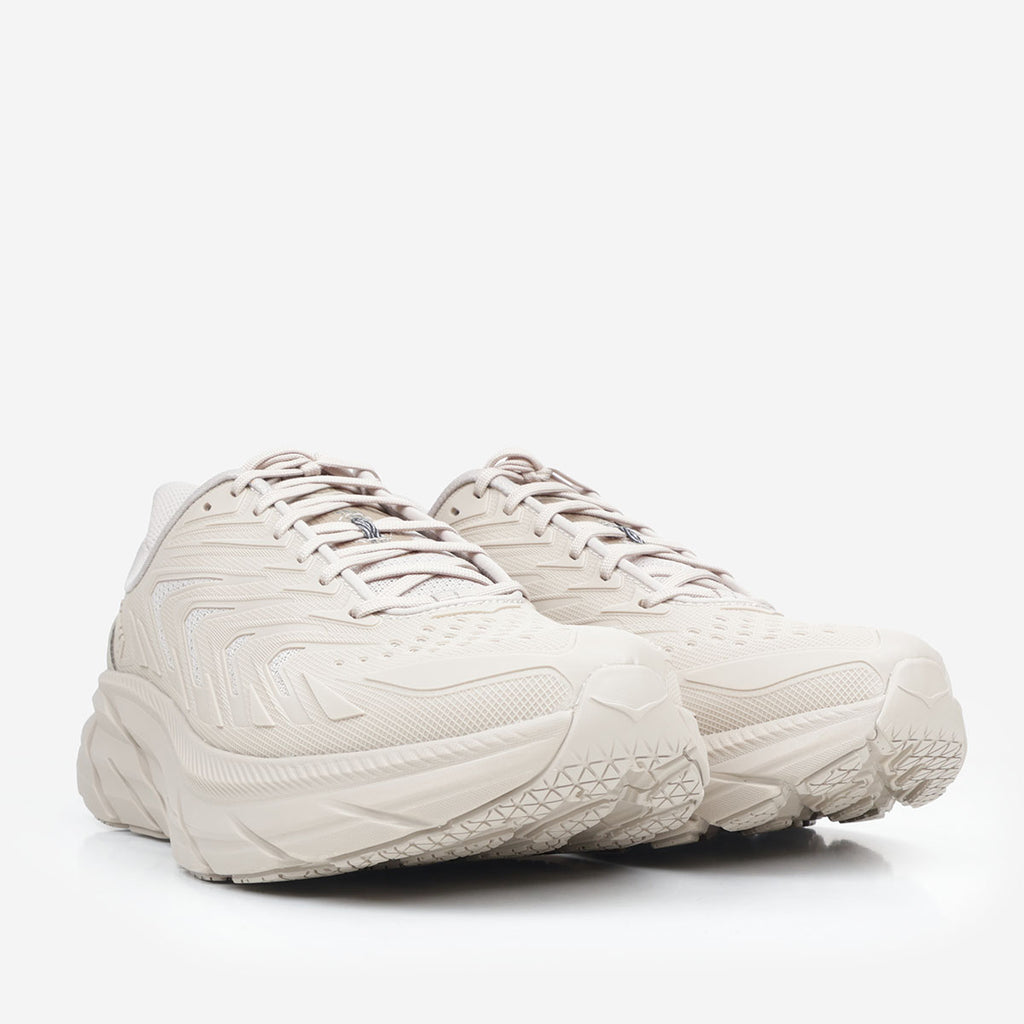 HOKA Clifton Utility shoes in Archival Taupe, front three-quarter view