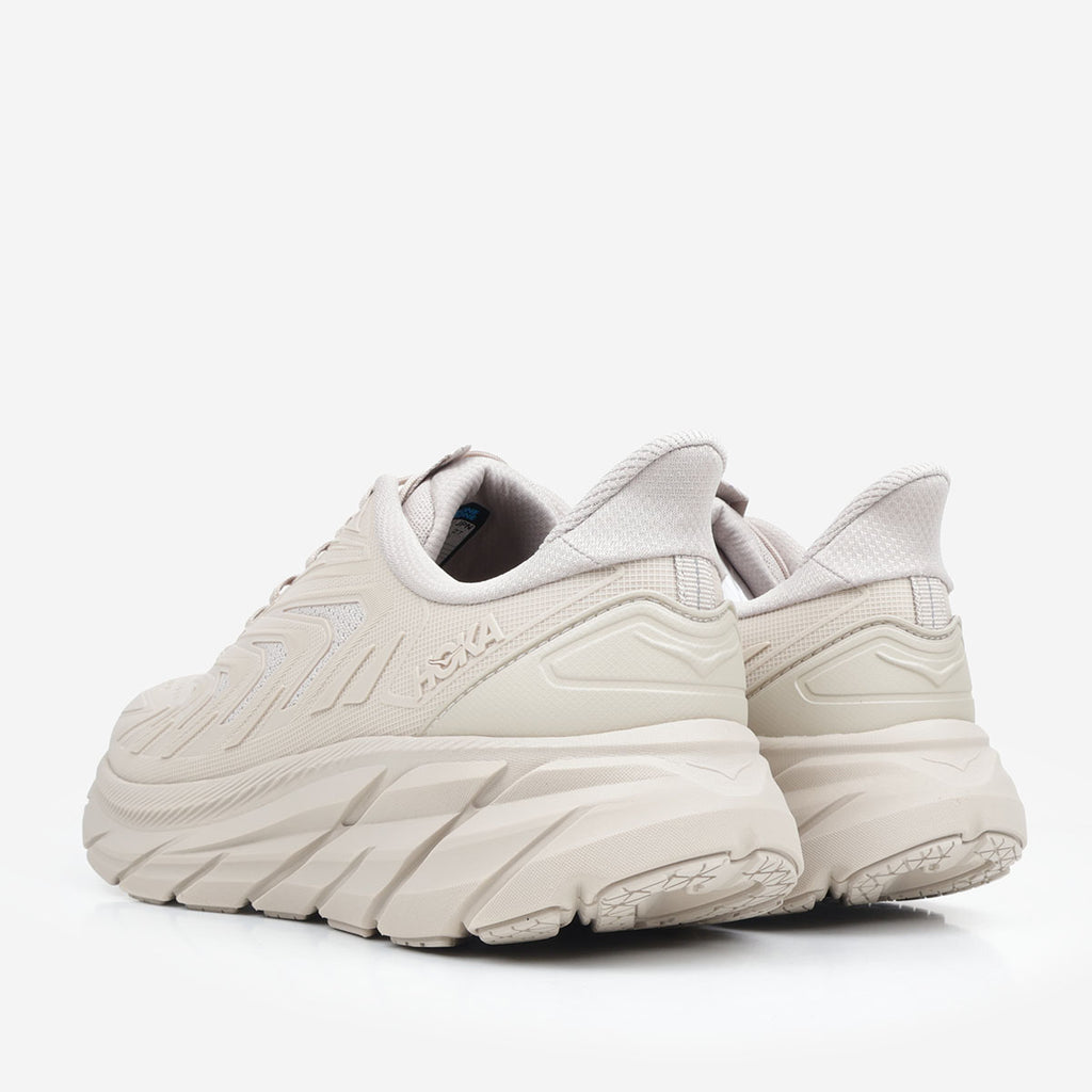 HOKA Clifton Utility shoes in Archival Taupe, heel and back view