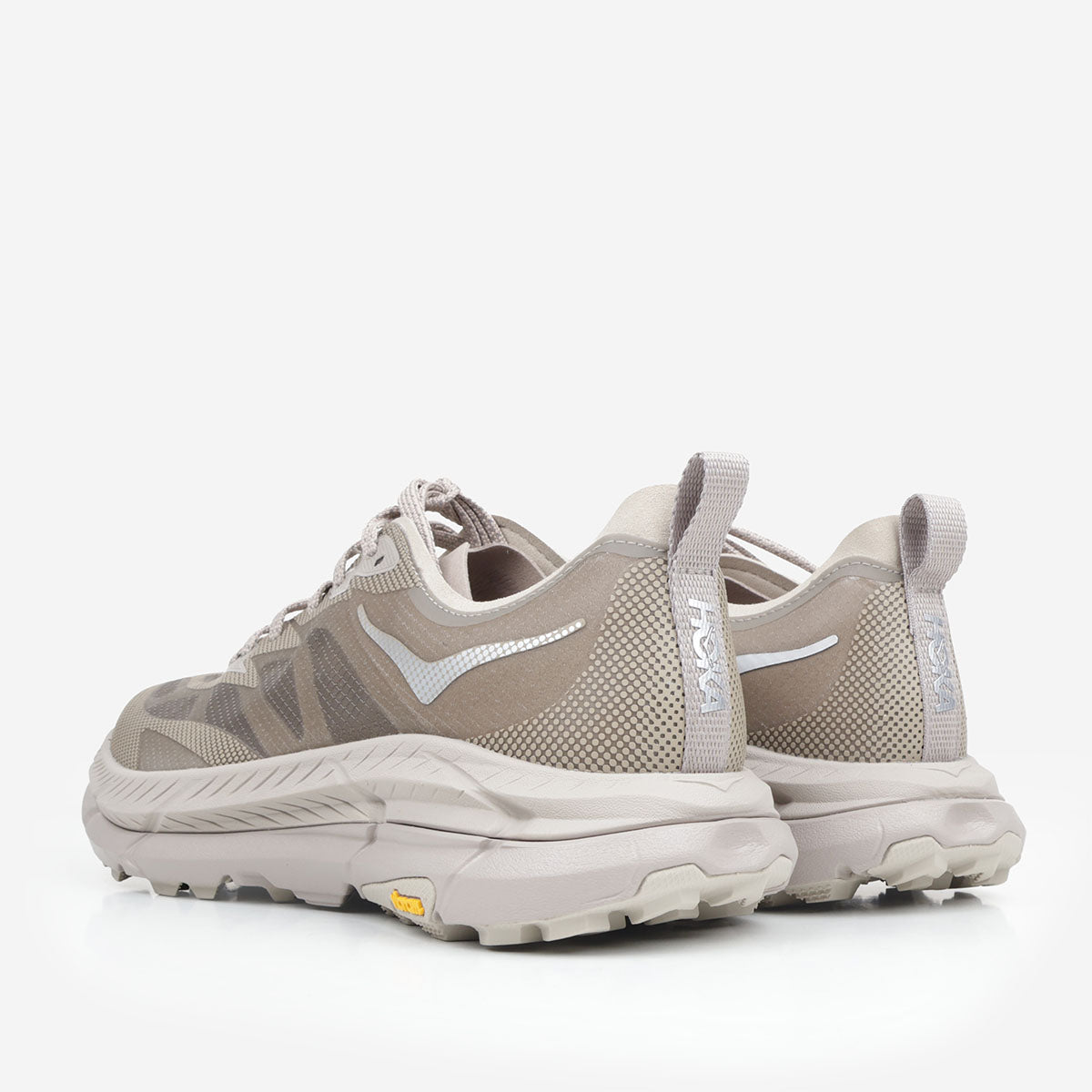 HOKA Mafate Speed 4 Lite TL shoes in Archival Taupe, heel and back view