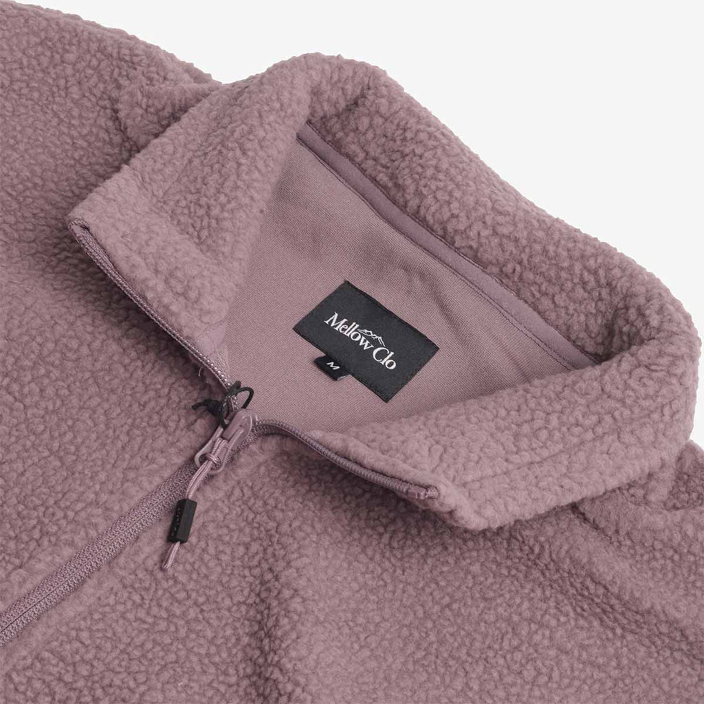 Full zip collar and Mellow Clo label, plum sherpa fleece