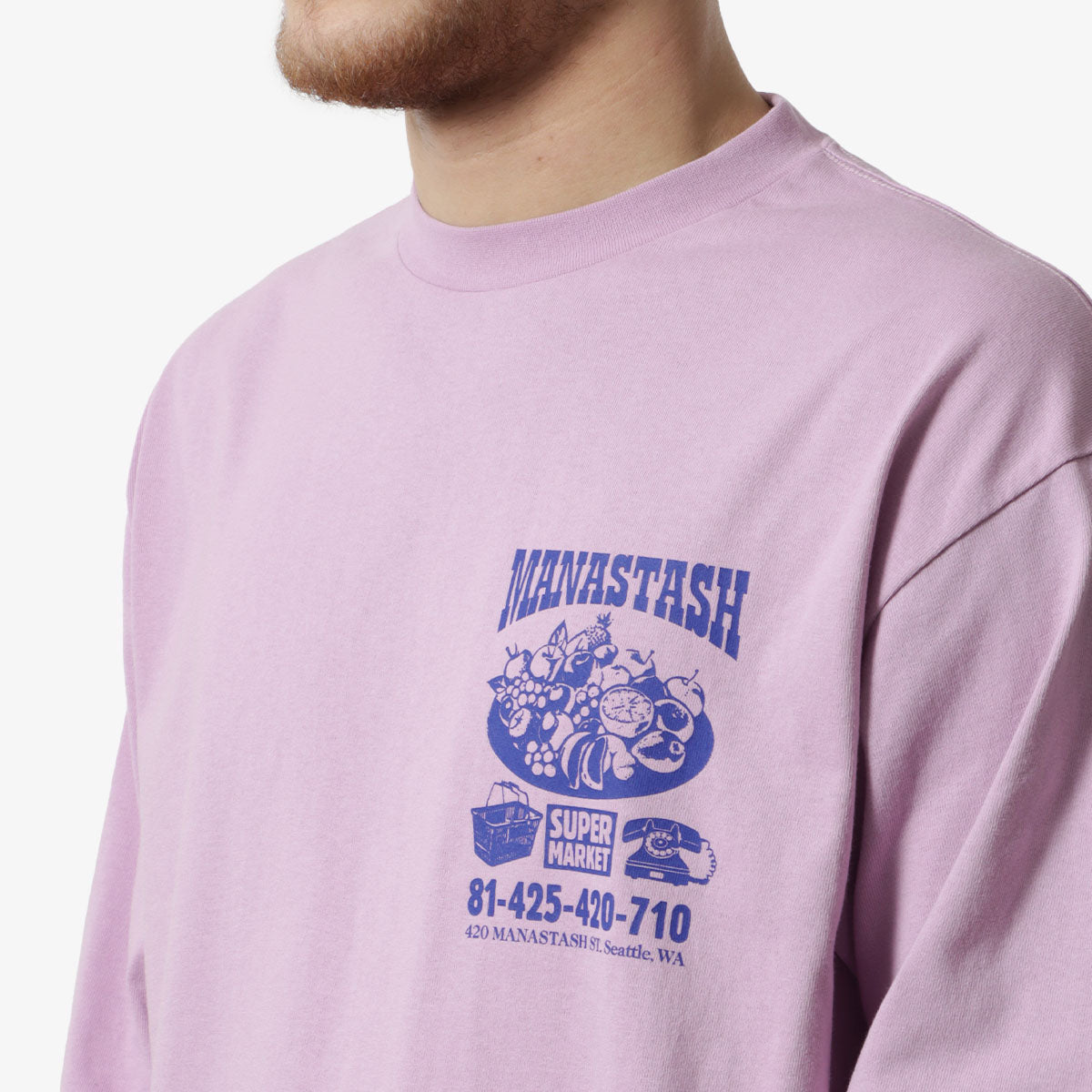 Manastash CiTee Long Sleeve Supermarket T-Shirt, Pink, Detail Shot 2