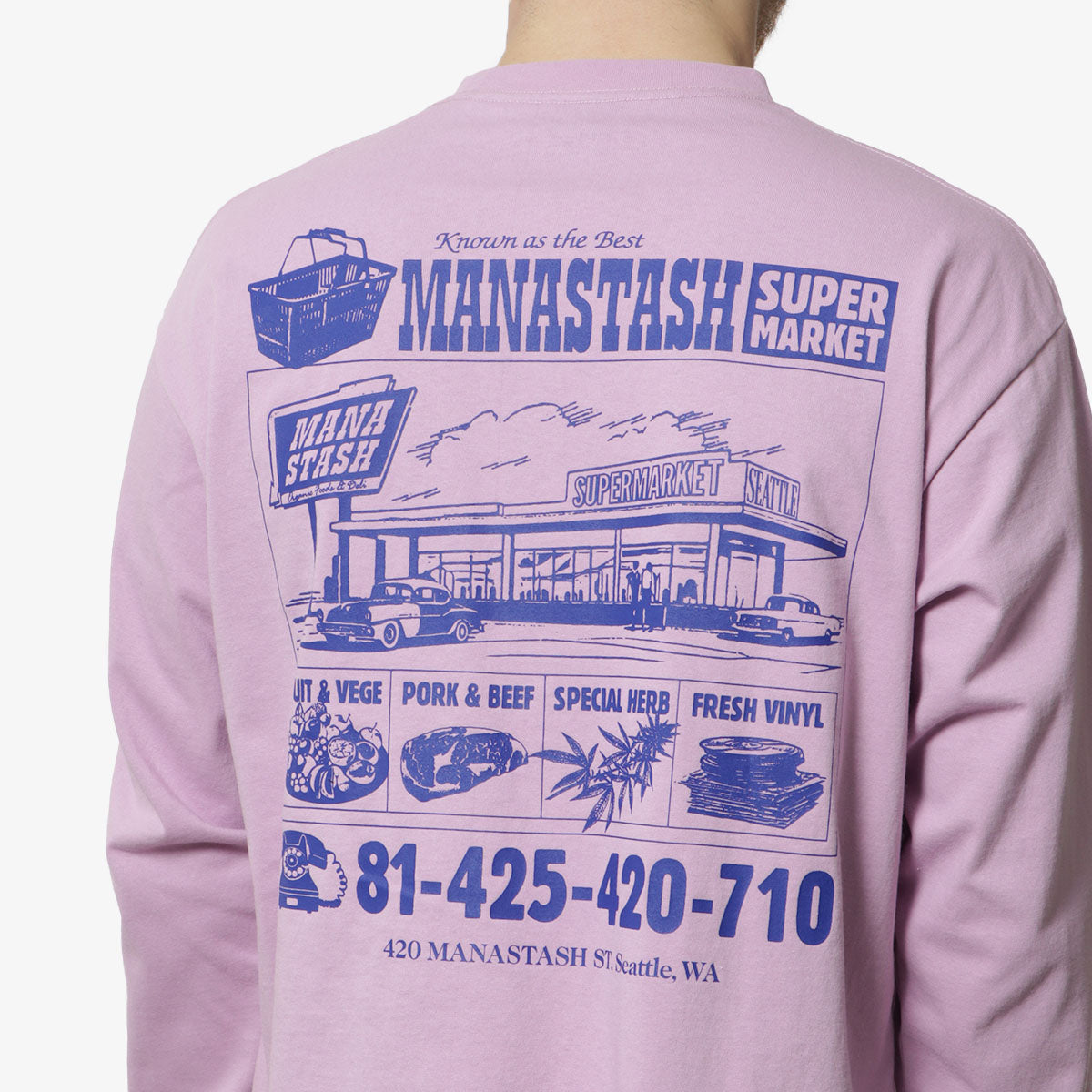 Manastash CiTee Long Sleeve Supermarket T-Shirt, Pink, Detail Shot 3