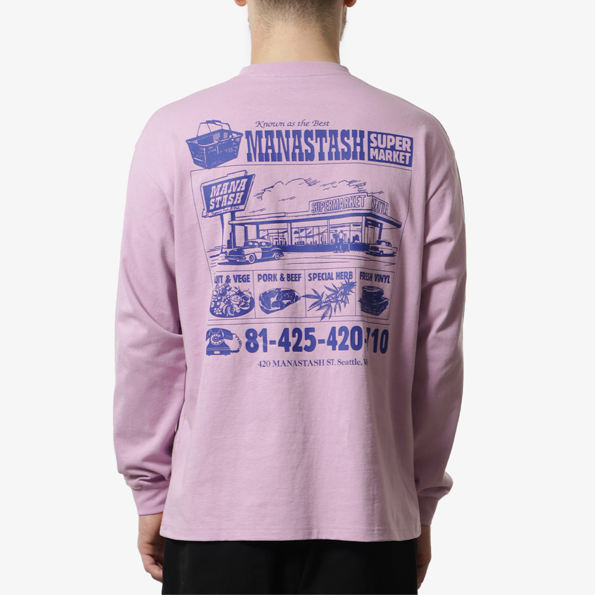 Manastash CiTee Long Sleeve Supermarket T-Shirt, Pink, Detail Shot 4