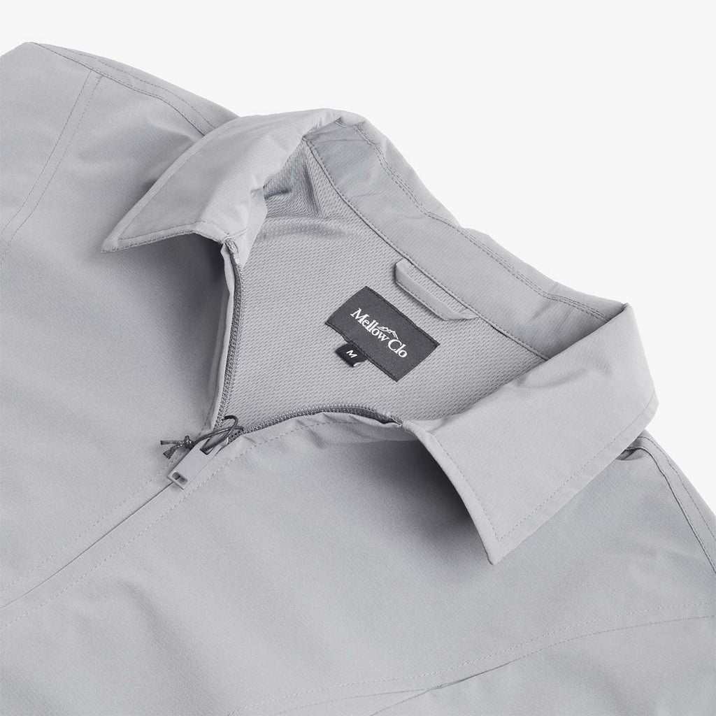 Collar zip and Mellow Clo label, grey Amble jacket