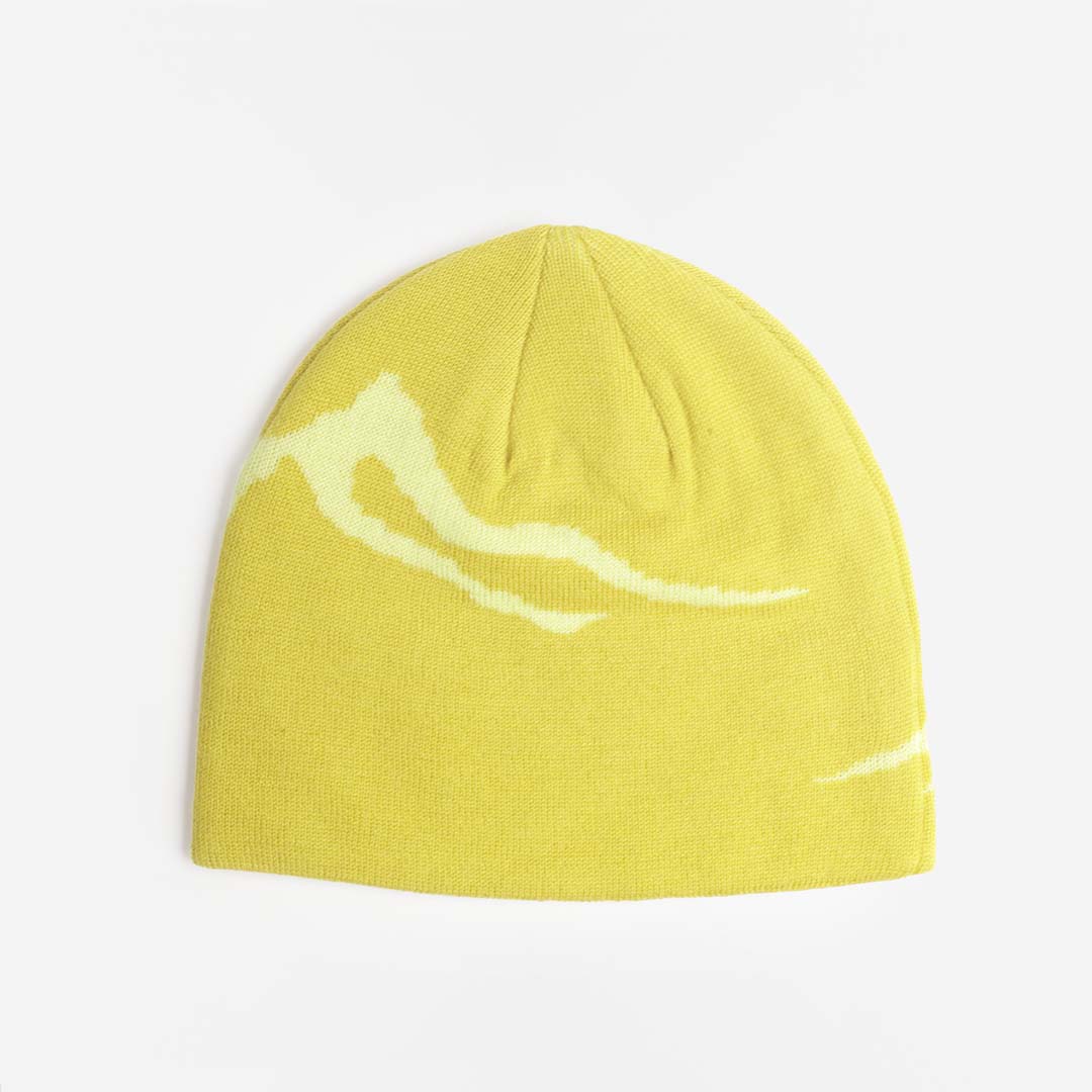 Lime merino beanie with knitted mountain design, side view