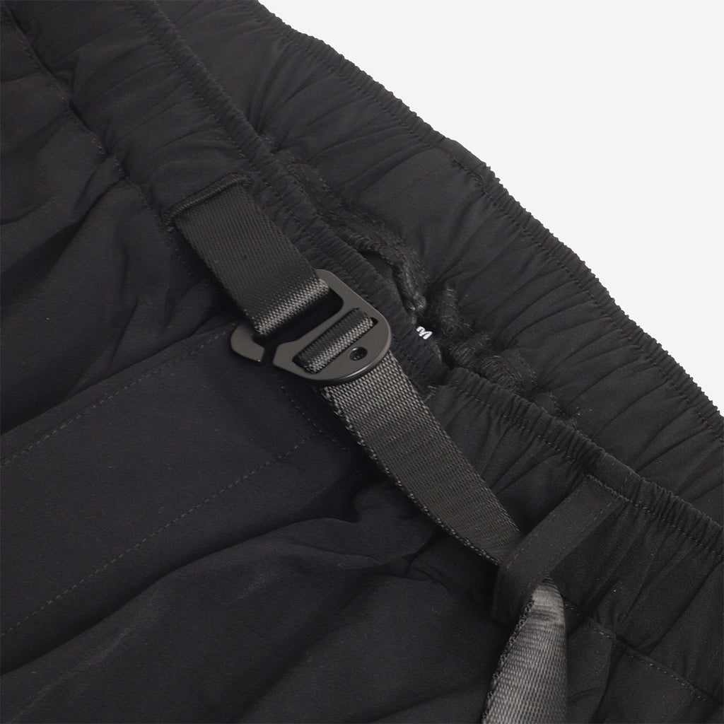 Elasticated waistband and webbing belt buckle, black trousers