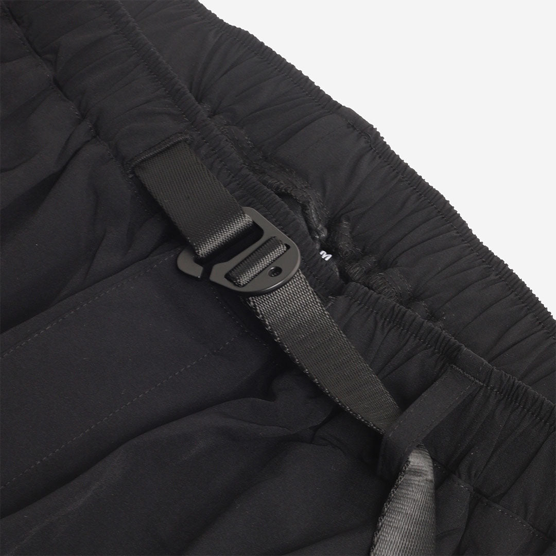 Elasticated waistband and webbing belt buckle, black trousers