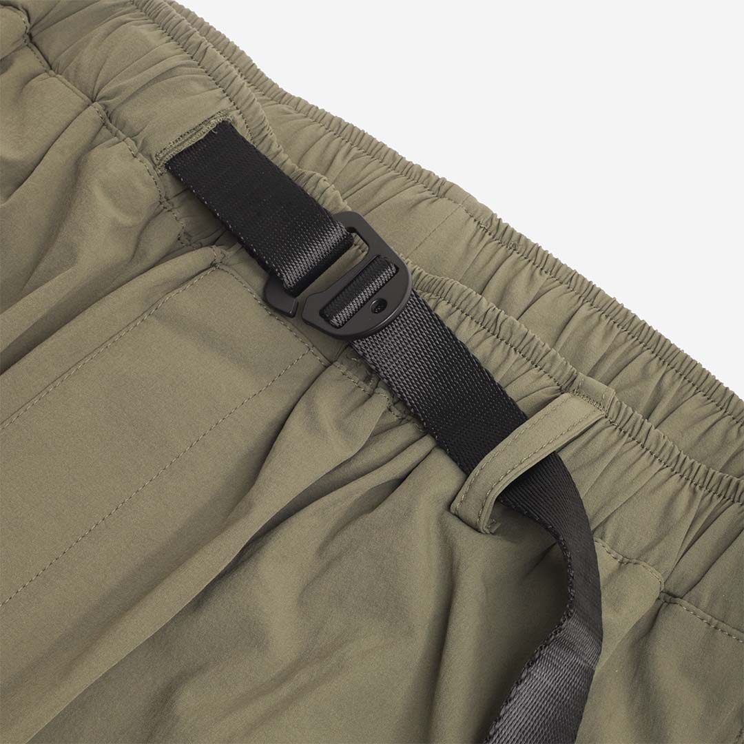 Elasticated waistband and webbing belt buckle, olive trousers
