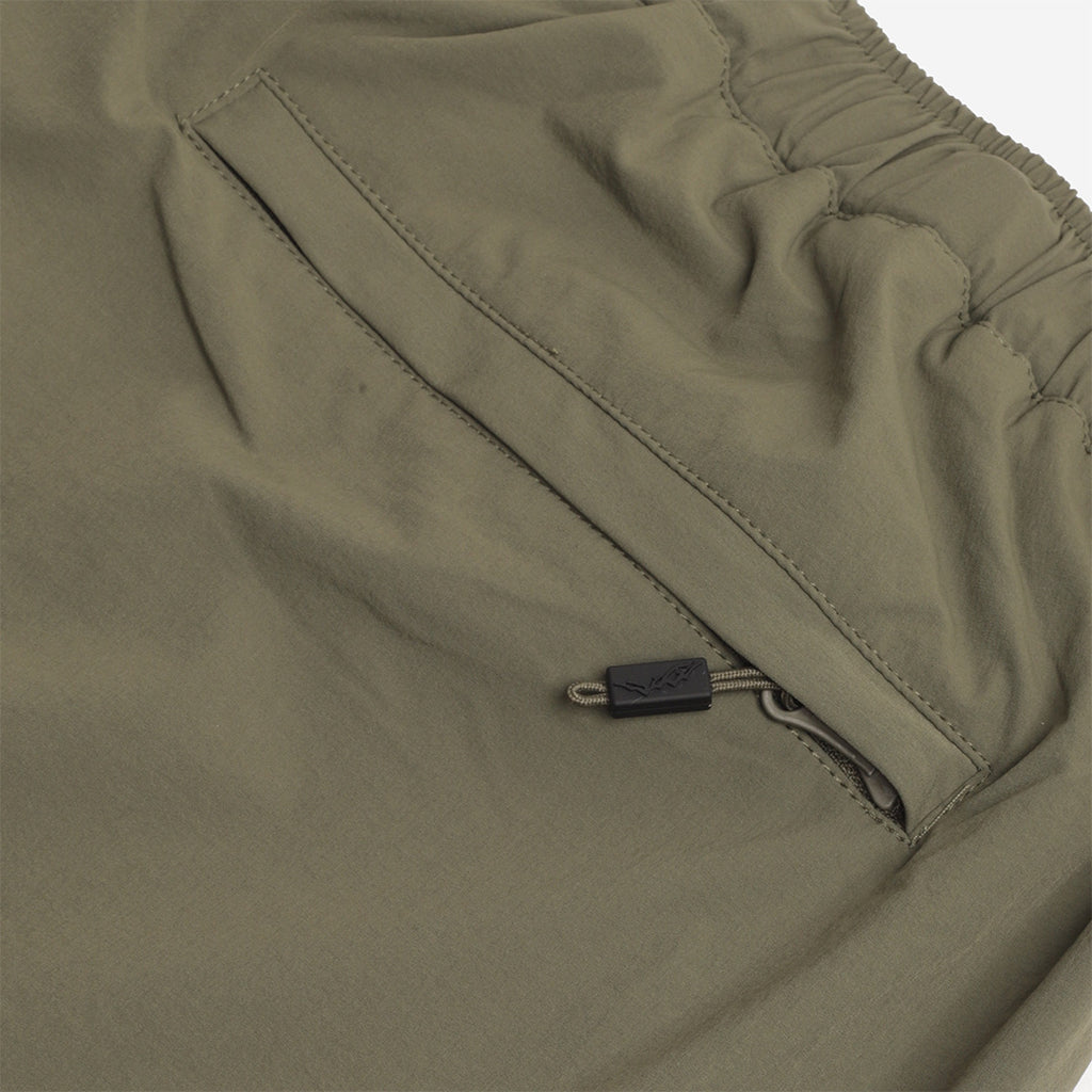 Zipped side pocket detail, olive trousers