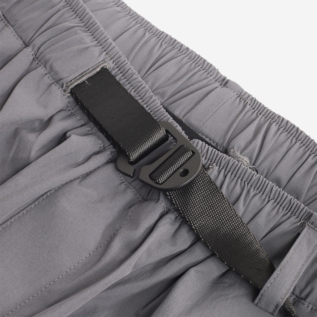 Elasticated waistband and webbing belt buckle, grey trousers