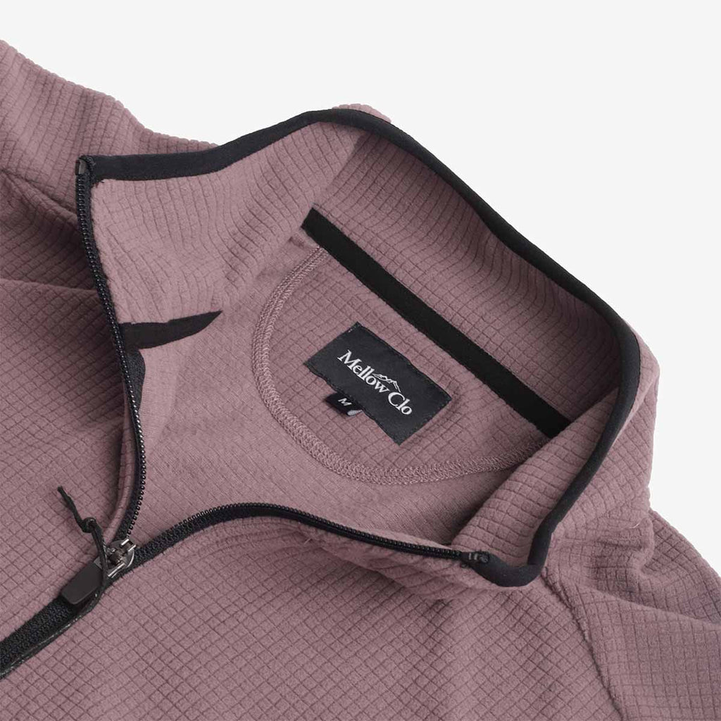 Half zip collar and Mellow Clo label, plum grid fleece