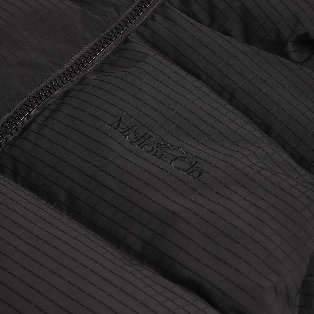 Tonal Mellow Clo logo on black ripstop puffer