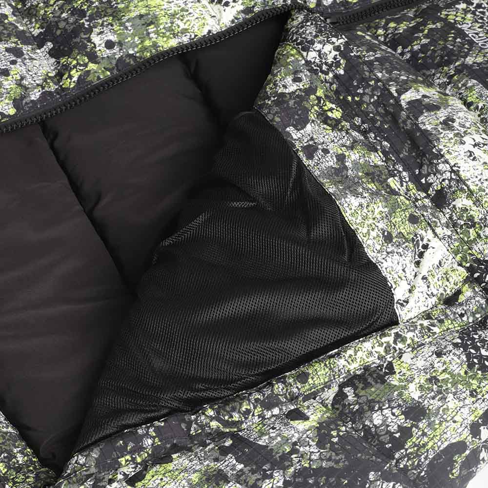 Interior lining and pocket, serpent camo puffer jacket
