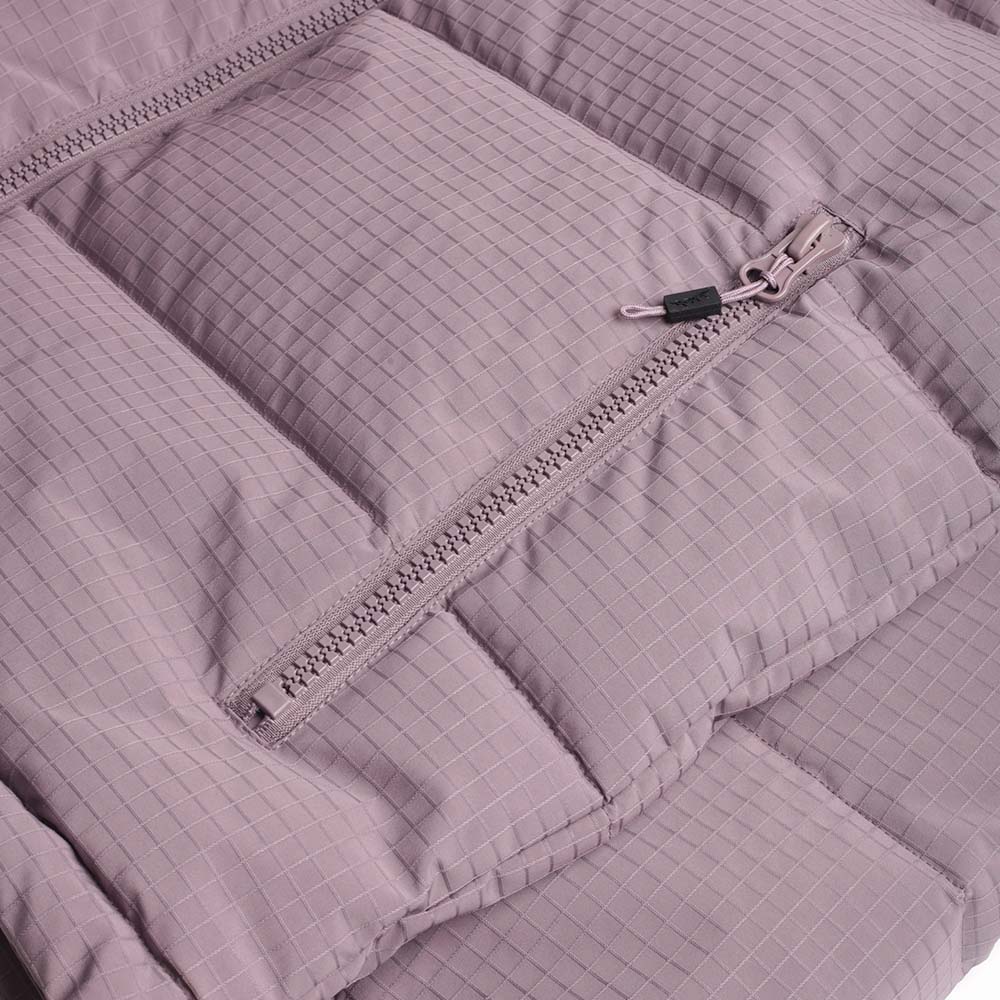 Zipped pocket and zip pull detail, plum puffer jacket