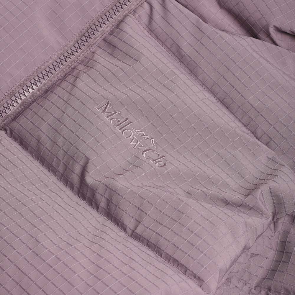 Tonal Mellow Clo logo on plum ripstop puffer