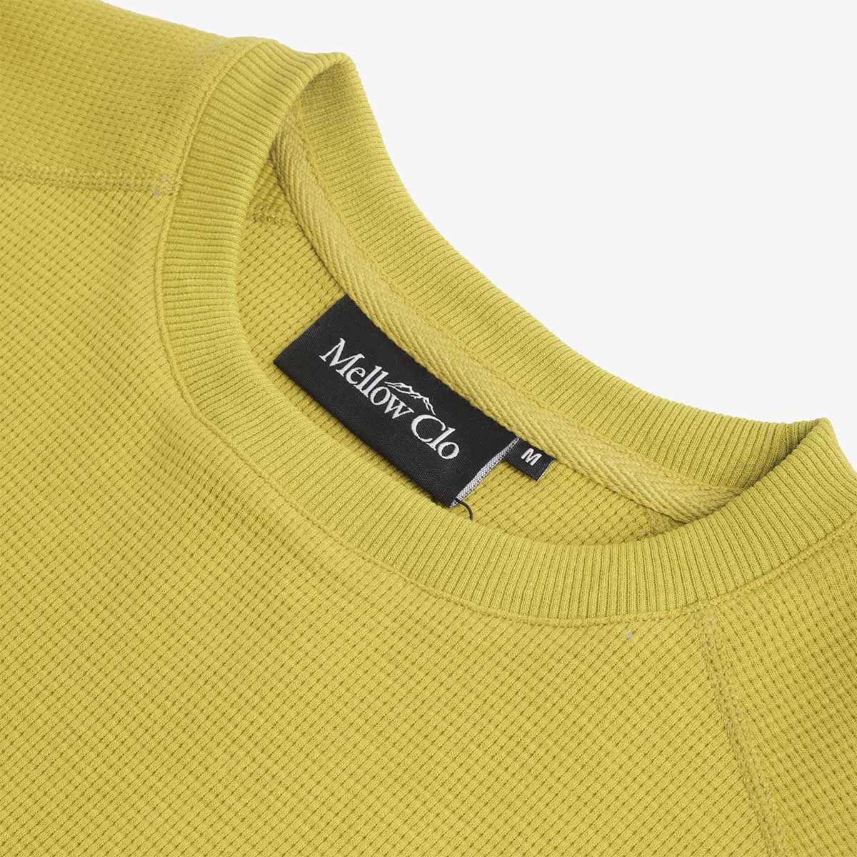 Ribbed crew neck and Mellow Clo label, lime waffle knit