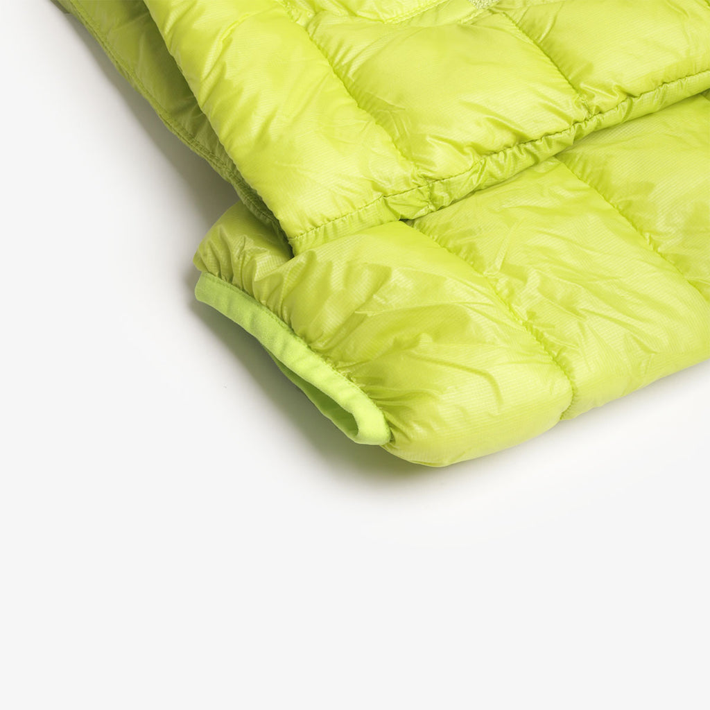 Hood and collar detail on the lime lightweight puffer