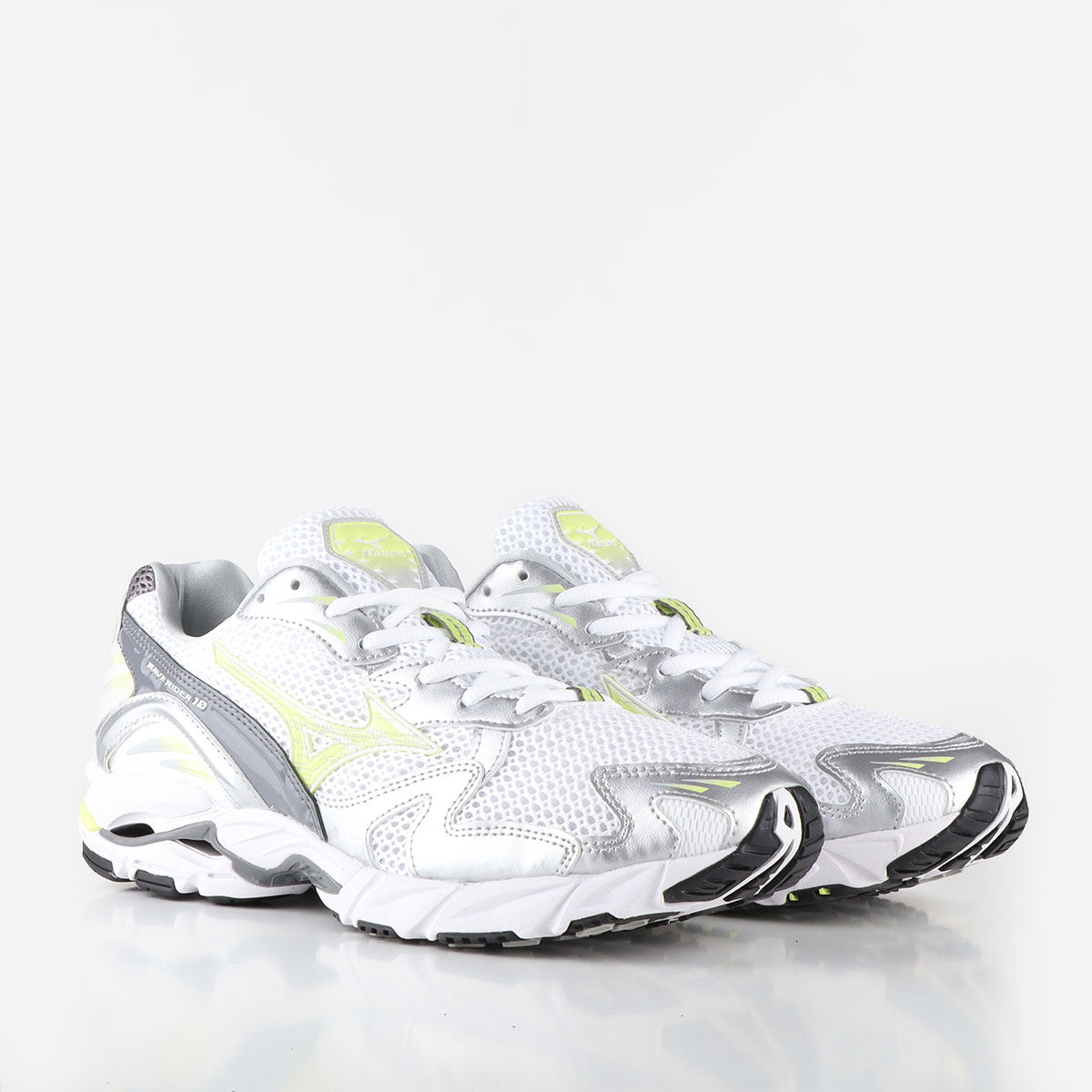 Mizuno Wave Rider 10 Shoes, White Sunny Lime Silver, Detail Shot 2