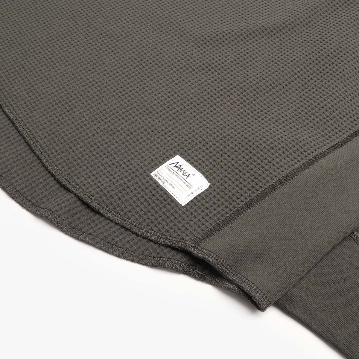 Waffle knit texture with Nanga hem tab, olive long sleeve tee
