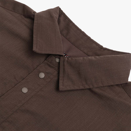 Collar and snap placket on dark brown ripstop shirt