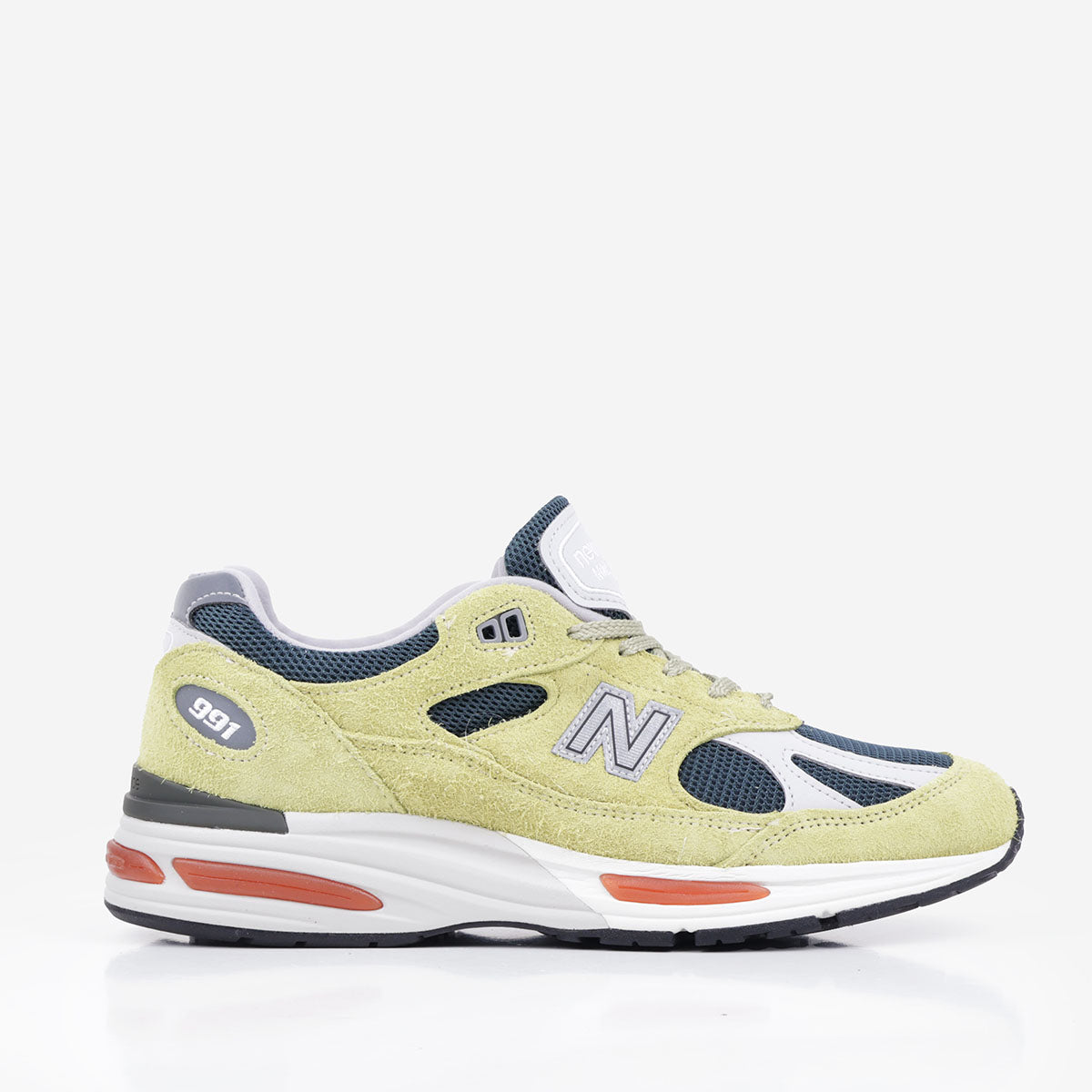 main New Balance Made in UK 991v2 Grape Sorbet Shoes, Beechnut Trekking Green Oyster Mushroom, Detail Shot 1