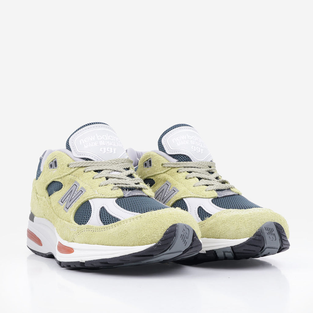 New Balance Made in UK 991v2 Grape Sorbet Shoes, Beechnut Trekking Green Oyster Mushroom, Detail Shot 2