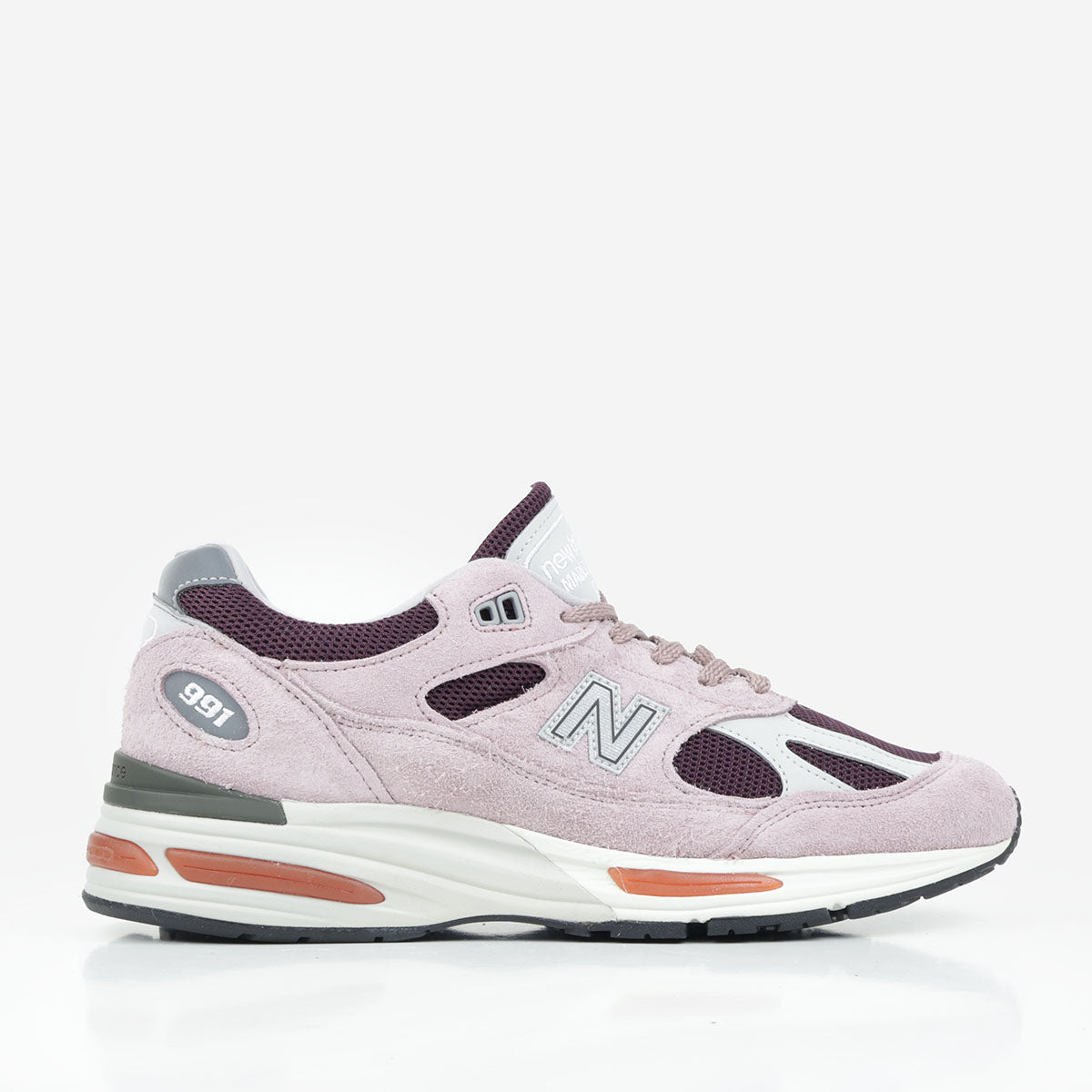 New Balance Made in UK 991v2 Grape Sorbet Shoes, Deauville Mauve Fig Oyster Mushroom, Detail Shot 1