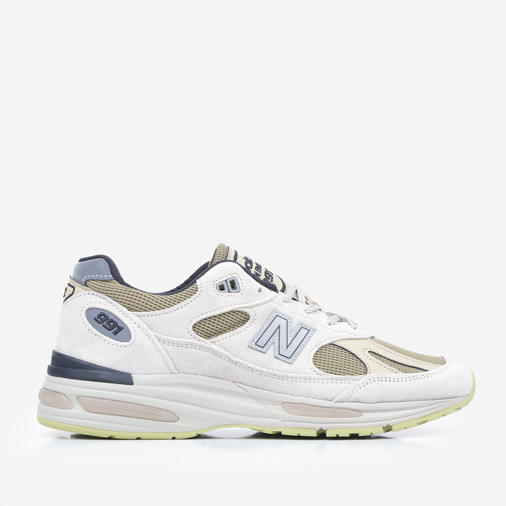 New Balance Made In UK 991v2 Neo Synthesis Shoes, Silver Birch Amber Green Silver Fern, Detail Shot 1