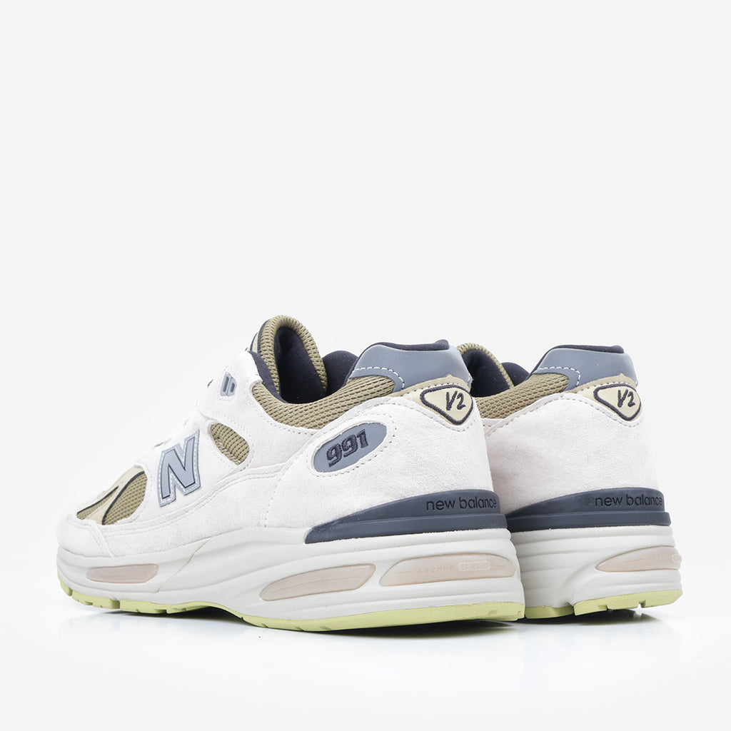 New Balance Made In UK 991v2 Neo Synthesis Shoes, Silver Birch Amber Green Silver Fern, Detail Shot 3
