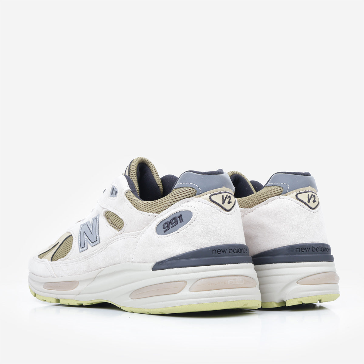 New Balance Made In UK 991v2 Neo Synthesis Shoes, Silver Birch Amber Green Silver Fern, Detail Shot 3