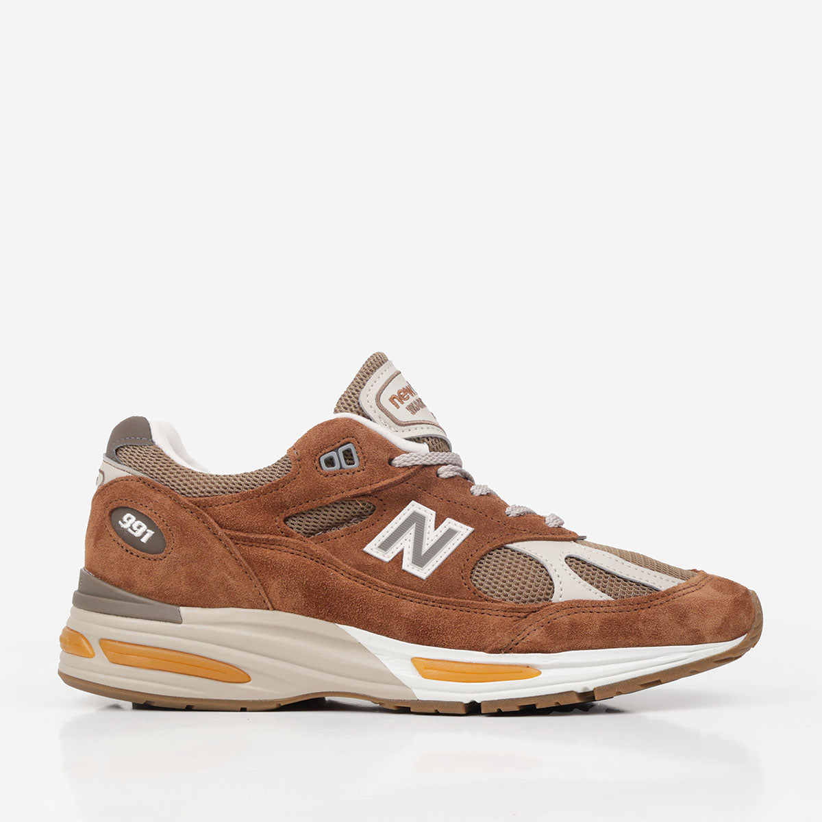 New Balance Made in UK 991v2 Shoes, Caramel Café Dijon, Detail Shot 1