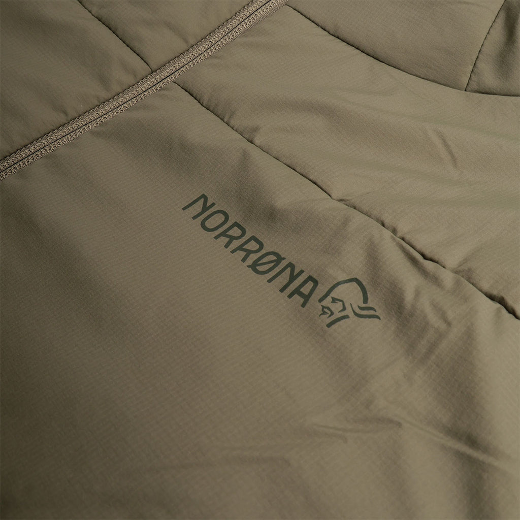 Norrona text logo on olive night insulated jacket