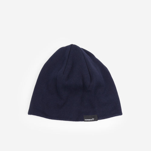 Norrona Logo Beanie in Navy, back view