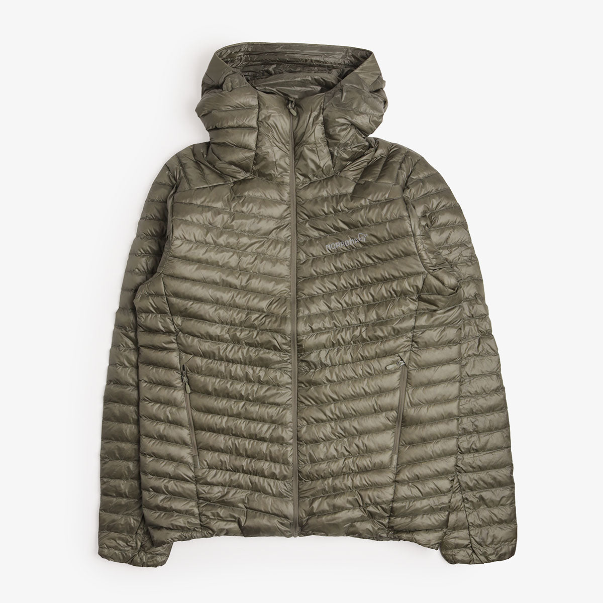 Norrona Trollveggen Down800 Super Light Hooded Jacket in Deep Lichen Green, front view