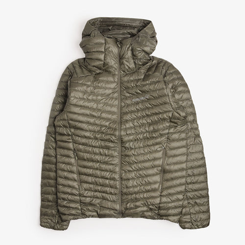 Norrona Trollveggen Down800 Super Light Hooded Jacket in Deep Lichen Green, front view