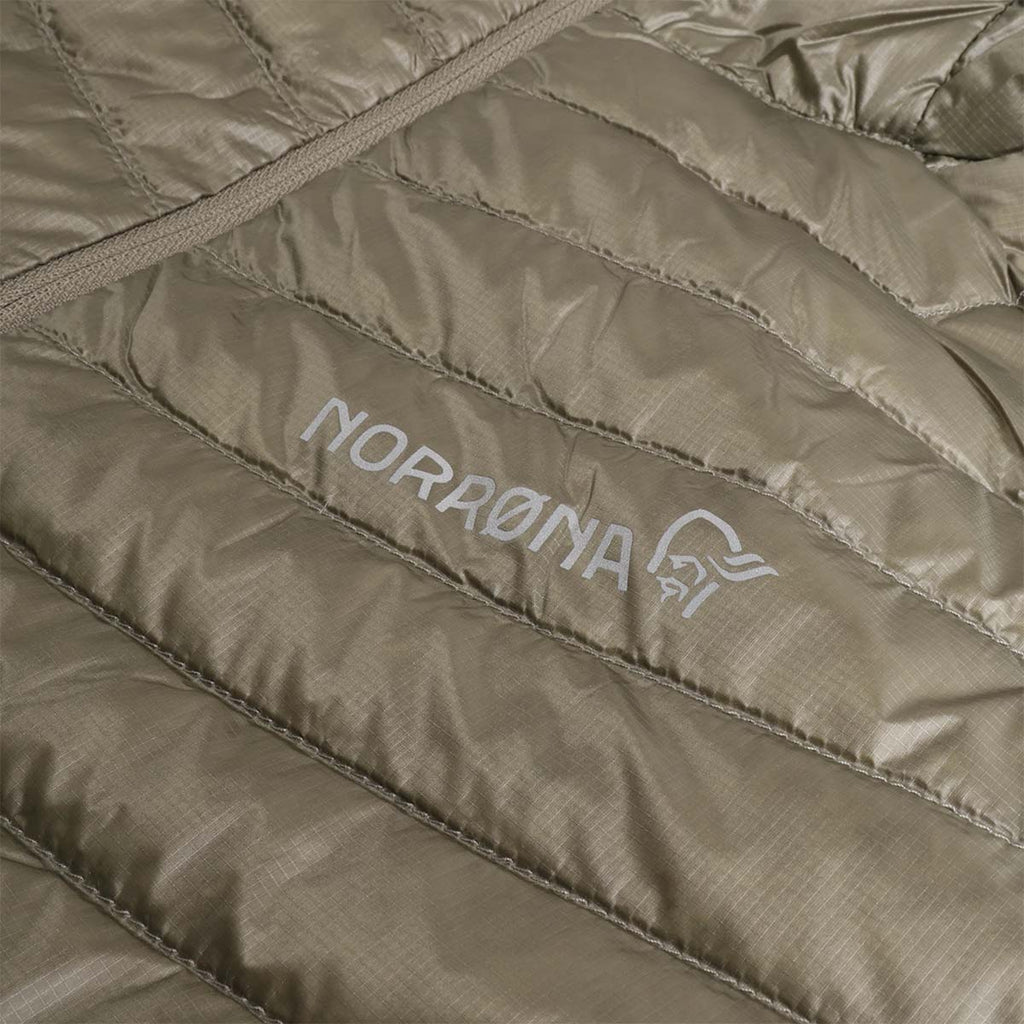 Norrona text logo on deep lichen green down jacket