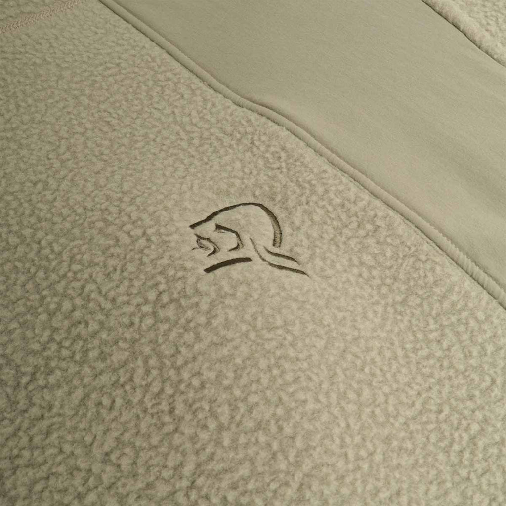 Norrona viking logo detail on green fleece jacket