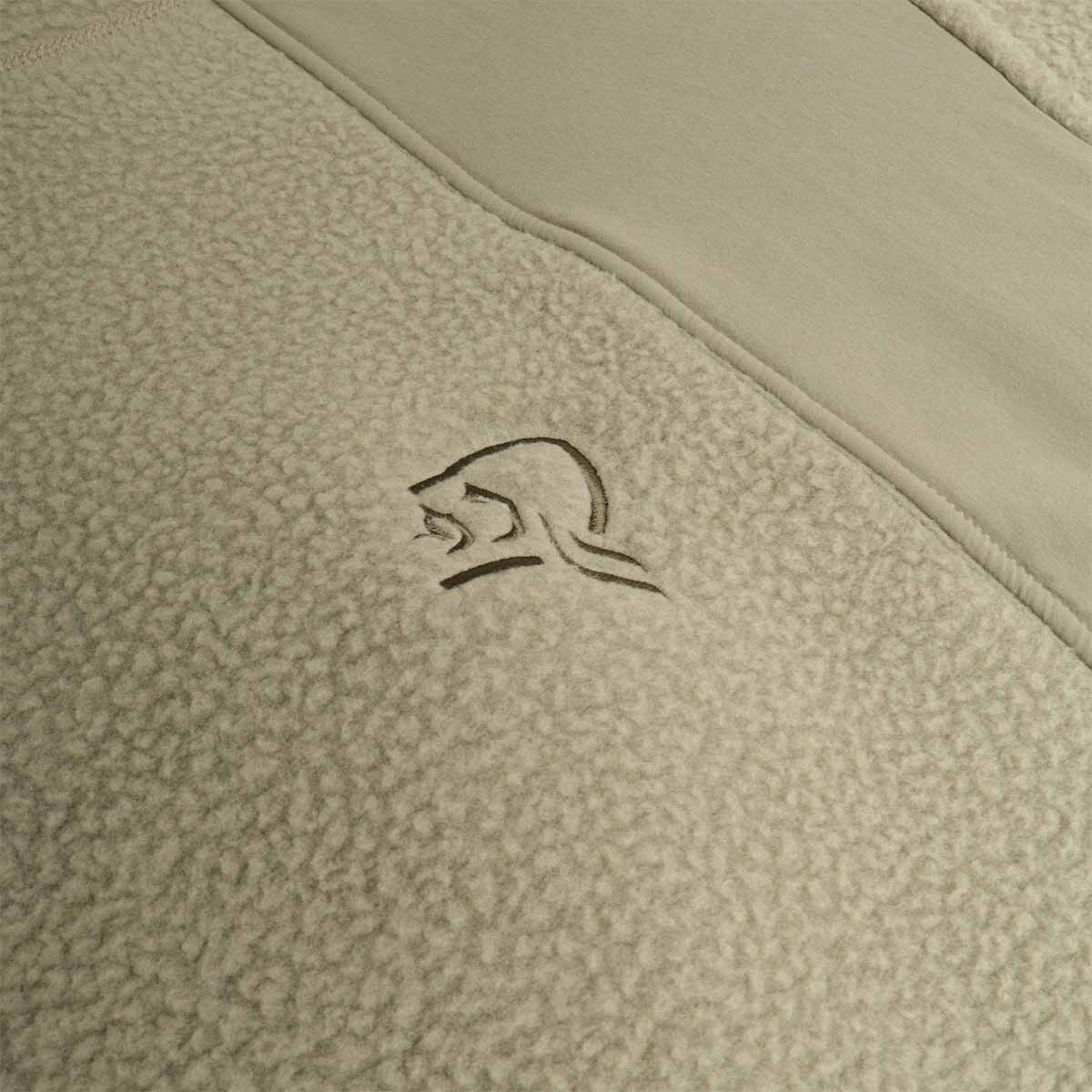 Norrona viking logo detail on green fleece jacket