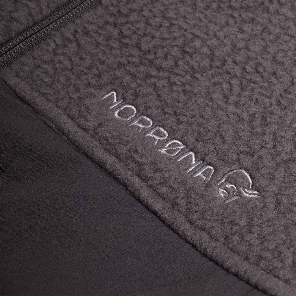Norrona text logo on phantom grey fleece jacket